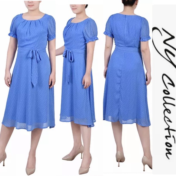 NY Collection - Blue Short Sleeve Belted Swiss Dot Dress - Medium - Picture 1 of 14